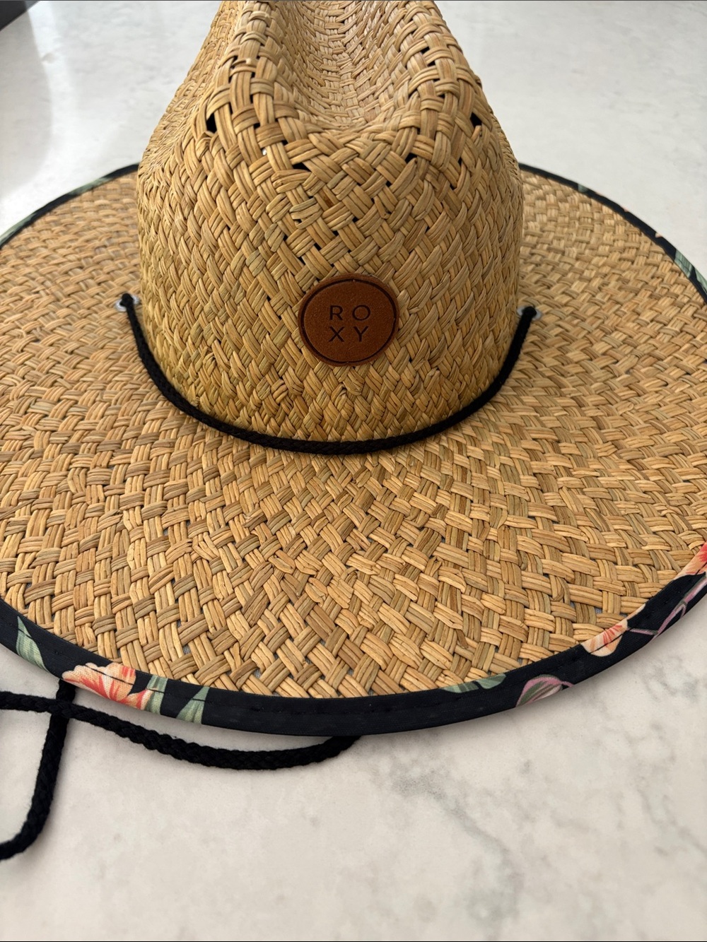 Roxy Natural Straw Sun Hat with Black Floral Trim NWT